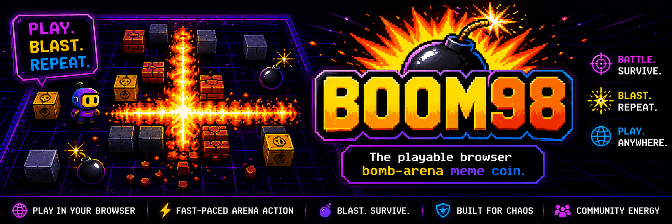 BOOM98 banner with pixel blast arena